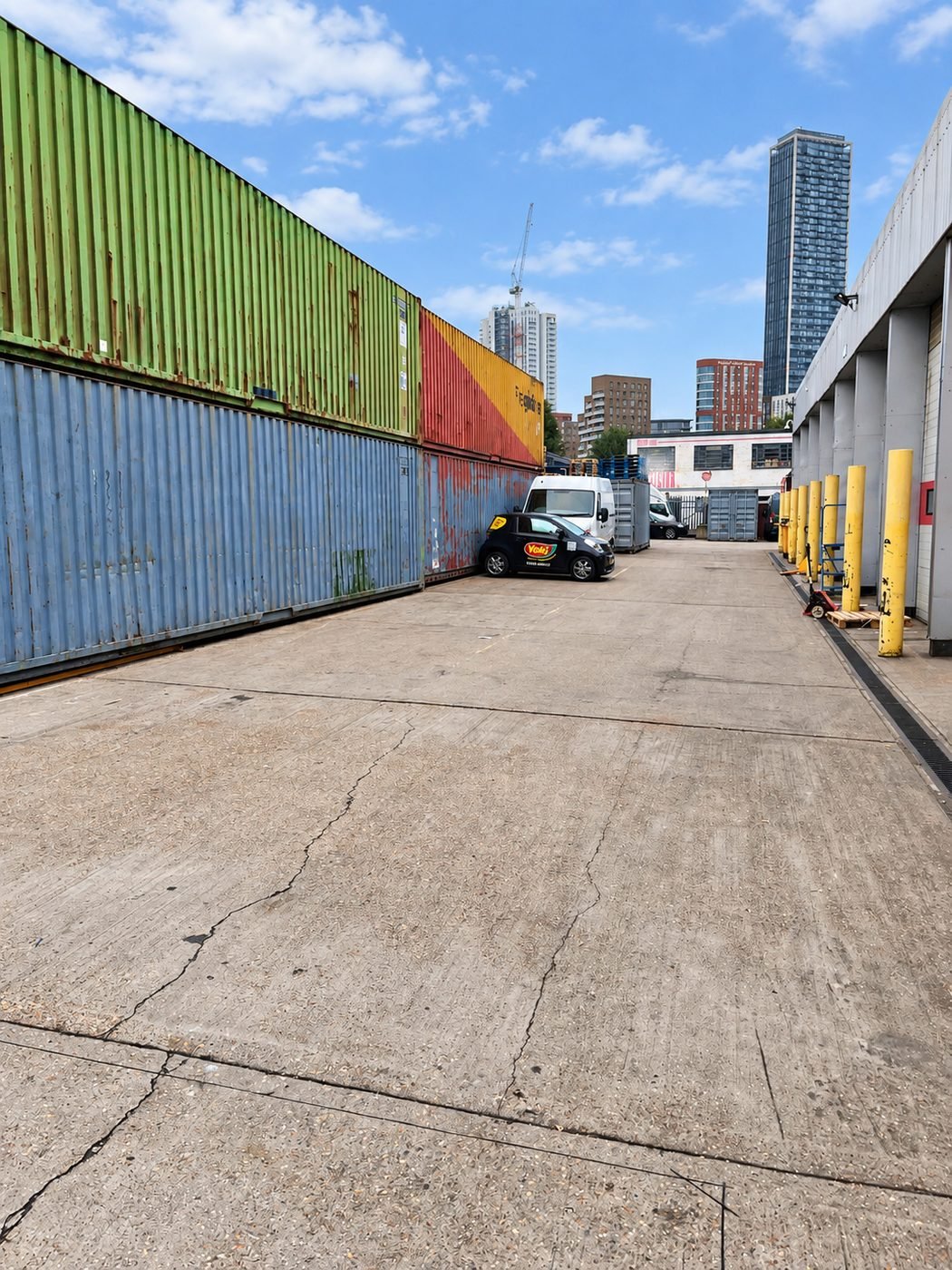 Stacked containers beside the loading bays with the London skyline behind